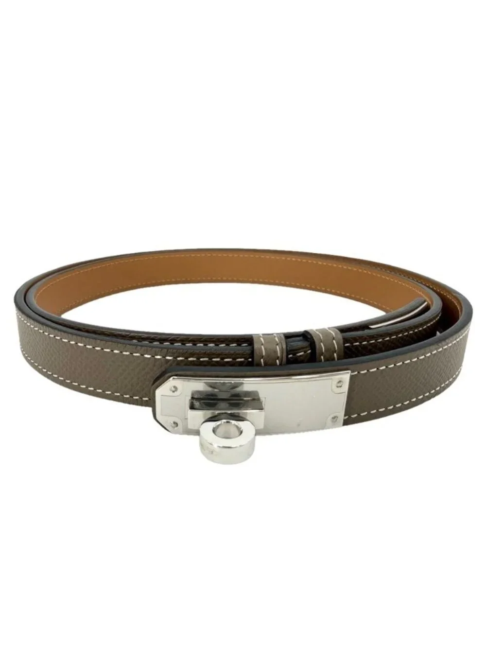 Hermes Belt Kelly 18 Leather Etoupe Silver Vintage